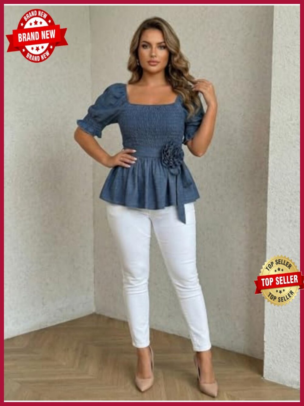 Plus Size Puff Sleeve Peplum Blouse 3D Floral Belt Scoop Neck Dressy Casual Top - Picture 4 of 4
